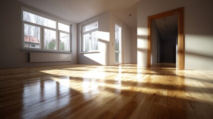 Obraz premium Sunlight streams into a bright, empty room with hardwood floors and large windows. The clean lines and natural light create a feeling of spaciousness and calm.