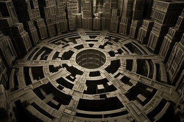 Exploration of a digital fractal maze with intricate recursive paths and architectural depth