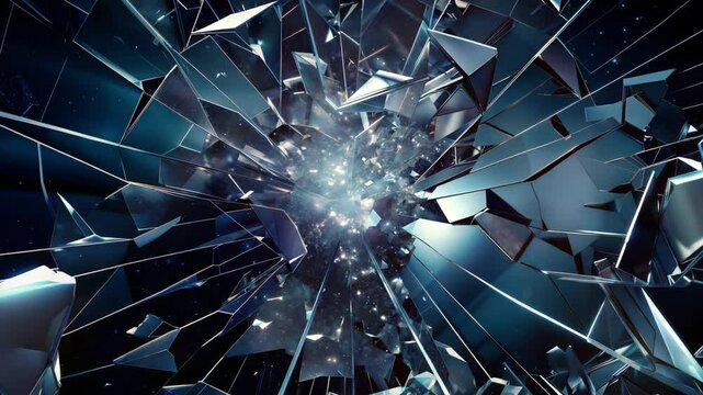 Shattered glass explosion in dark space  