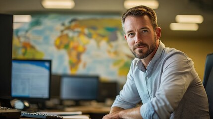 Fototapeta premium A focused professional sits at a desk in a modern office.