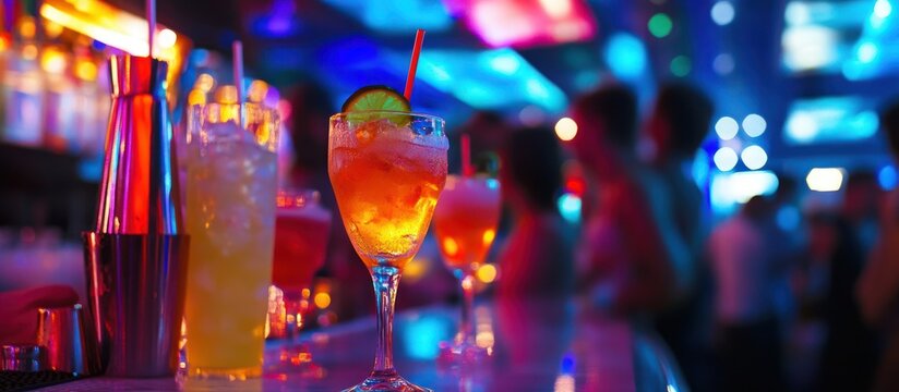 Colorful Drinks and People Enjoying Nightlife in a Lit Up Bar