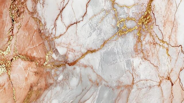 This close-up reveals a stunning rose gold marble slab showcasing natural fluid patterns and a subtle sparkle. The reflective finish enhances the warm blush hues, creating an elegant visual impact.