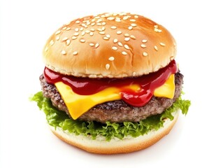 An aerial view of a burger with melted cheese and ketchup isolated on a white background offering a fresh mouth-watering look at the burger from above in full HD detail