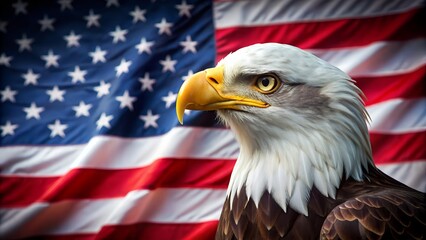 Bald eagle with American flag backdrop &ndash; symbol of freedom