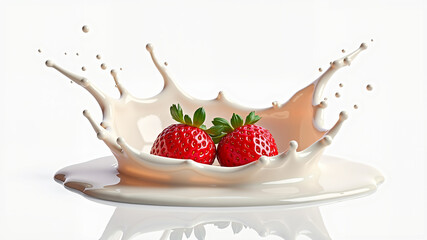milk or yogurt splash with strawberries isolated on white background, 3d rendering.