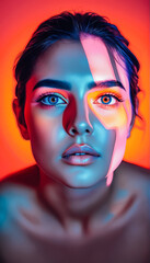Stylish Neon Portrait of a Woman with Face Art
