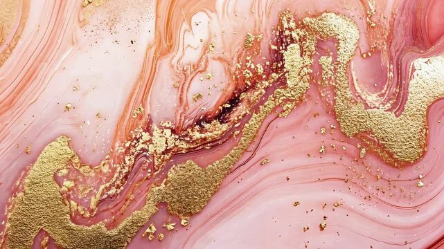 This close-up reveals a stunning rose gold marble slab showcasing natural fluid patterns and a subtle sparkle. The reflective finish enhances the warm blush hues, creating an elegant visual impact.