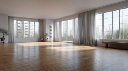 Fototapeta premium Bright, airy, minimalist living space with hardwood floors and floor-to-ceiling windows offering a stunning city view. Sunlight streams in, illuminating the room's serene atmosphere.
