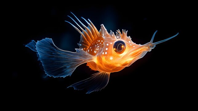 Deep Sea Dragonfish: A mesmerizing dragonfish with a bioluminescent body swims in the depths of the ocean, revealing its otherworldly beauty and the mysteries of the deep.
