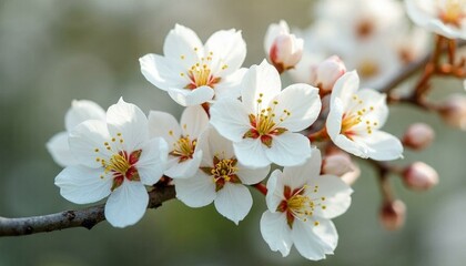 Peach-colored flowers blooming on a branch in soft morning light