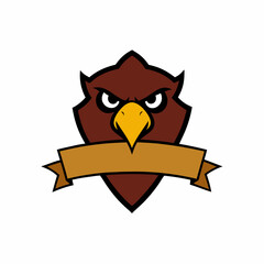 hawk head with talons and a banner.