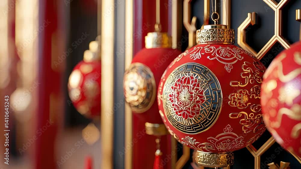 Poster elegant red lanterns decorated with intricate gold patterns