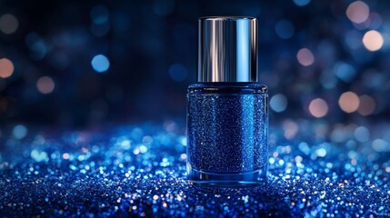 Sparkling blue nail polish bottle on glittering bokeh background