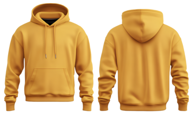  a plain yellow hoodie, front and back view, transparent background, high resolution