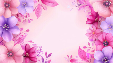 A delicate watercolor floral frame with pink and purple flowers and leaves creates a beautiful romantic background perfect for invitations cards or wedding designs.