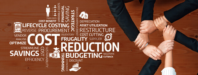 This image illustrates a collaborative team approach to cost reduction and budgeting, highlighting...
