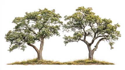 European ash trees with detailed bark and lush foliage isolated on a white background showcasing their natural elegance