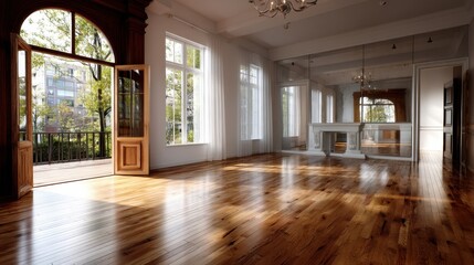 Fototapeta premium Sunlit hardwood floors gleam in this spacious room with French doors opening to a balcony and large windows, creating an airy and bright atmosphere.
