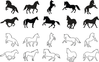 Horse silhouette icon set. Running, jumping, trotting, rearing horse vector collection isolated on transparent background. Wild animal symbol vector illustration.