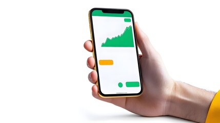 A hand holding a smartphone displaying a financial graph, indicating growth, with colorful elements highlighting data trends.