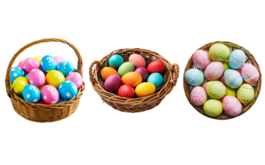 Collection set of Easter basket of colorful hand painted decorated eggs, isolated on transparent background. 