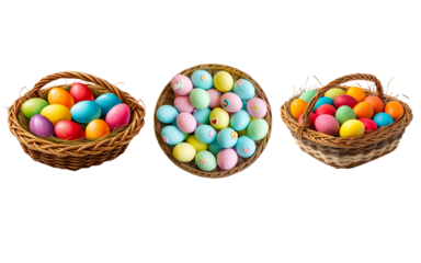 Collection set of Easter basket of colorful hand painted decorated eggs, isolated on transparent background. 