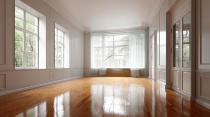 Obraz premium Empty, sunlit room with hardwood floors and large windows. The elegant space is perfect for a new home or apartment.