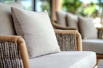 Sofa chair with cushions and wooden legs on the terrace of an outdoor hotel lounge area, beige fabric