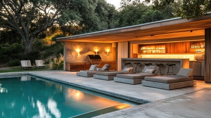 Fototapeta premium Modern pool house interior with concrete bar and daybeds 