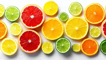 Fototapeta premium Colorful citrus slices, including lemons and oranges, arranged on a white background with droplets, showcasing freshness and variety.