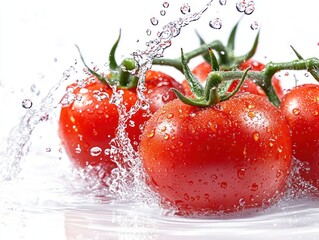Fresh tomatoes under a stream of water droplets clinging to their surface isolated on a white background The vibrant red of the tomatoes contrasts beautifully with the splashing water