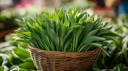Obraz premium Wild garlic displayed in a woven basket at a bustling farmers market with bright natural lighting
