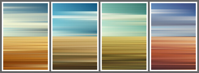 Set of gradient posters in minimal style with golden wheat fields and soft blue skies. Beautiful fields and sky in soft horizontal clean lines, natural tones and soft color for wall decor full of calm
