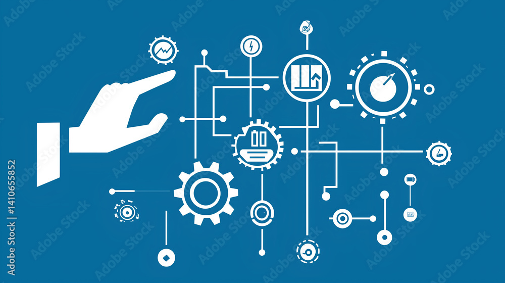 Poster control and automation: a symbolic hand gently controls and manipulates a complex system of intercon