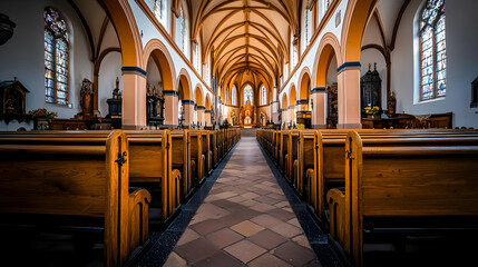Grand Interior Of A European Church With Wooden Pew And Stained Glass