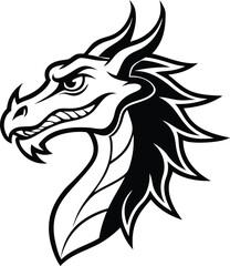 Detailed Black And White Dragon Head Line Art Illustration Design
