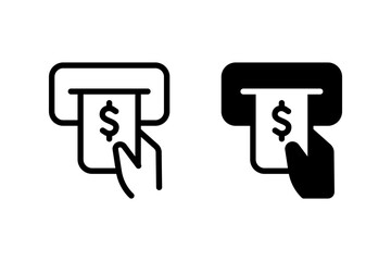 Hand withdrawing cash from an ATM machine icon set. Depicts modern finance, banking, and financial transactions.