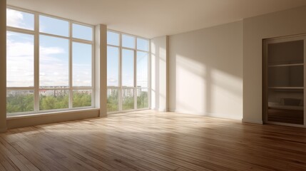 Obraz premium Sunlight streams into a minimalist room with hardwood floors and large windows offering a view of trees and buildings.