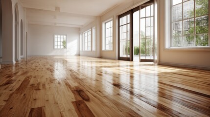 Sunlight streams into a bright, spacious room with gleaming hardwood floors and large windows, creating a warm and inviting atmosphere.