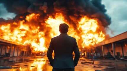 A man in a suit stands calmly in front of a raging inferno in an urban landscape, contrasting human emotion with the sheer force and chaos of the flames.