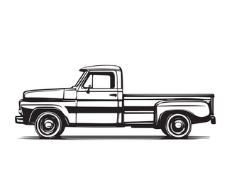 Vintage classic pickup truck silhouette. Black silhouette of a pickup truck isolated on white background. Vector silhouette.  © Shabeer