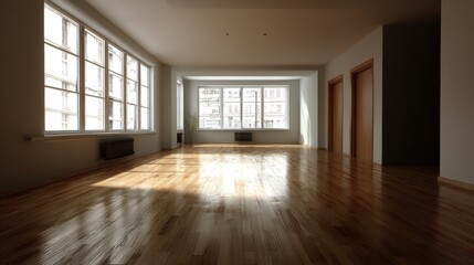 Obraz premium Sunlight streams into a spacious, empty room with hardwood floors and large windows. The interior is minimalist and modern, offering a clean and bright aesthetic.