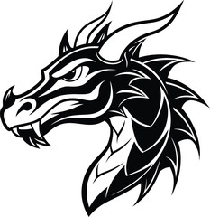 Detailed Black And White Dragon Head Line Art Illustration Design