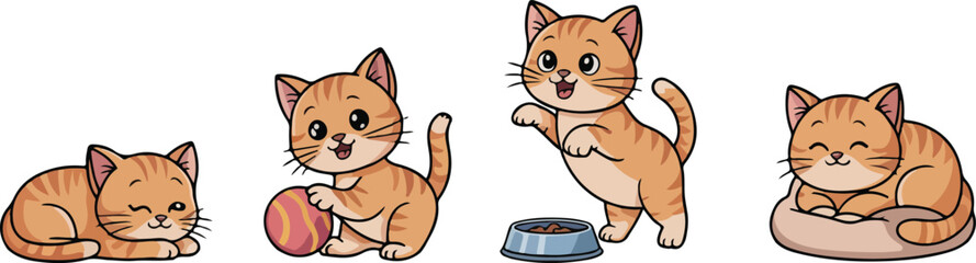  ute Cat Set: Kitten Playing, Sleeping, and Eating with Ball and Bowl