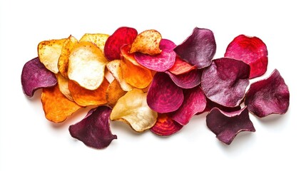 Organic vegetable chips made from potatoes beets and carrots isolated on a white background in a food banner style The vibrant colors of the chips are highlighted in a clean fresh arrangement