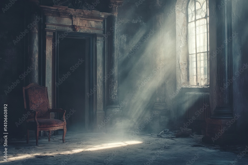 Poster light streams through a dusty window revealing an empty chair in an abandoned room