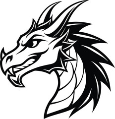Detailed Black And White Dragon Head Line Art Illustration Design