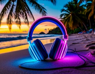 Neon headphones on the beach by palm trees and sunset are an attribute of DJs for musical beach parties in summer. Perfect for outdoor activities and fun.