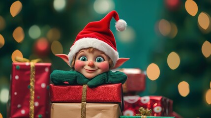 A cheerful christmas elf rests amongst presents.