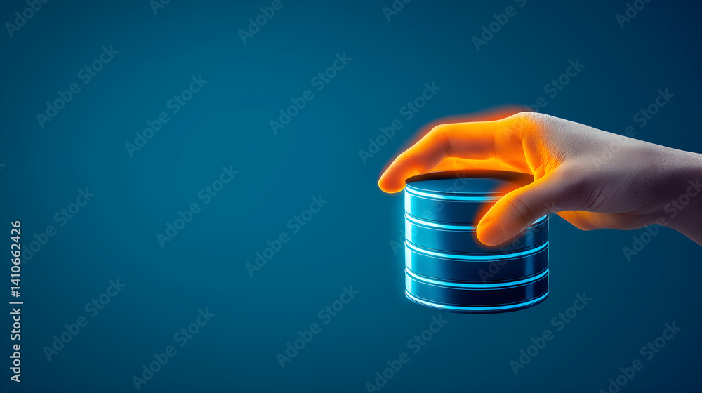 Poster data security: a glowing hand delicately holds a server data symbol, its vibrant luminescence symbol